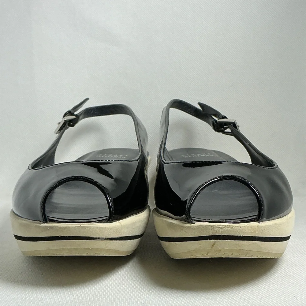 Stuart Weitzman Black Patent Platform Wedge Slingback Sandals Size 9 - Picture 7 of 15